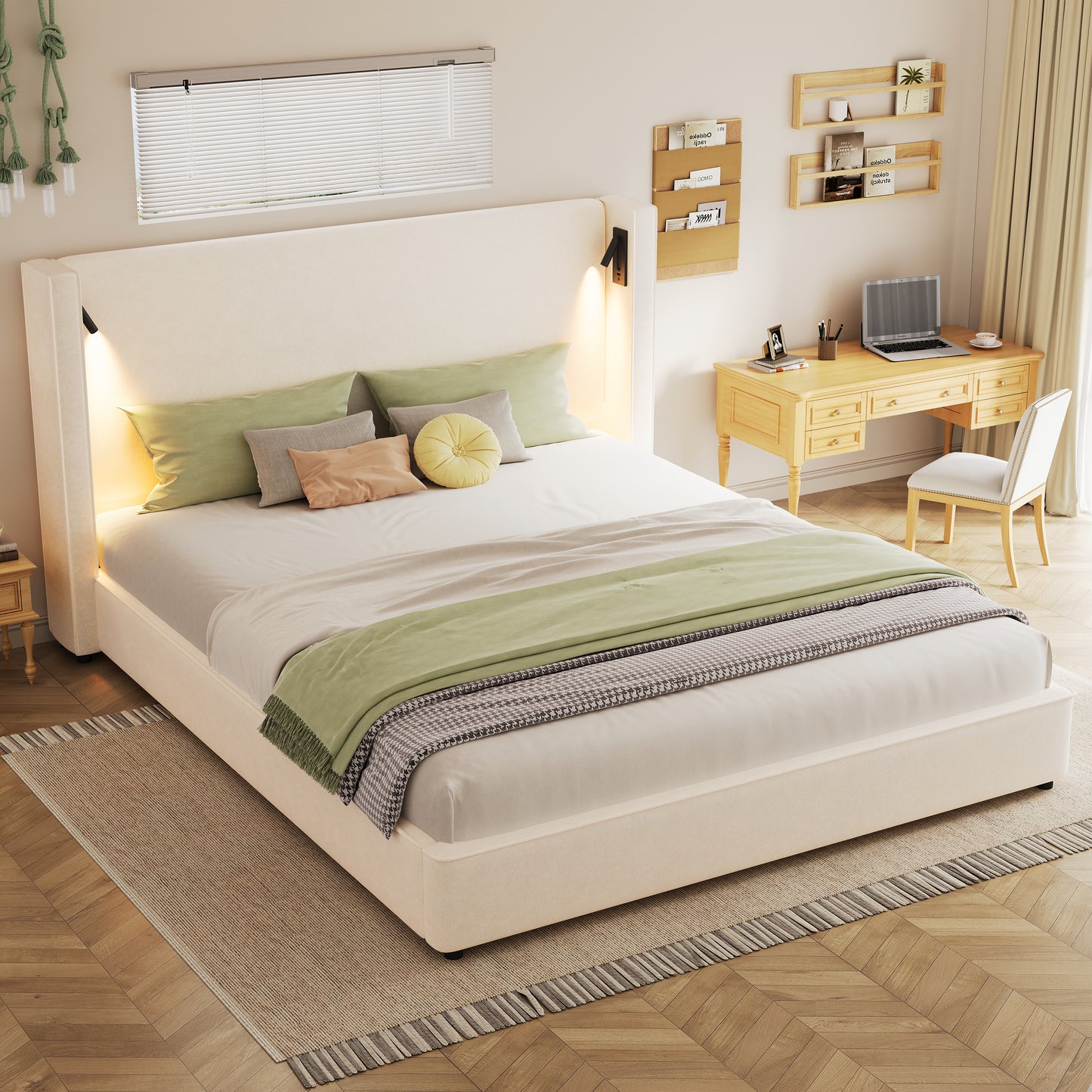 King Size Upholstered Bed Frame With High Wingback Headboard,Reading Lamp And USB Port,Beige