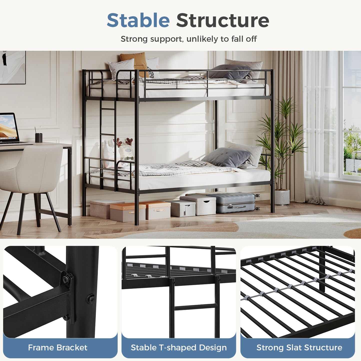 Metal Double-layer Bed With Stairs And Safety Railings, Sturdy Steel Frame, No Need For A Mattress, Double-layer Bed That Saves Space