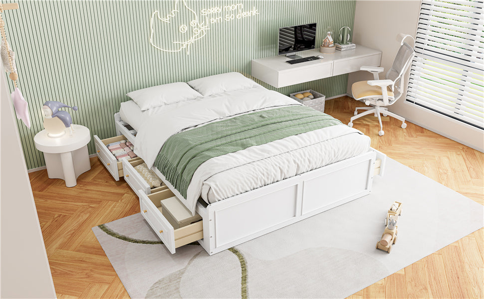 Wood Queen Size Platform Bed Frame With 6 Drawers, White