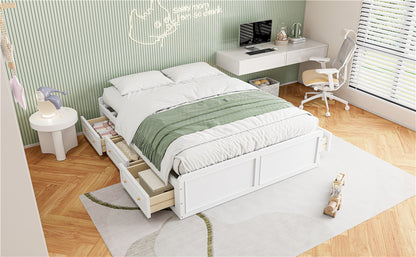 Wood Queen Size Platform Bed Frame With 6 Drawers, White