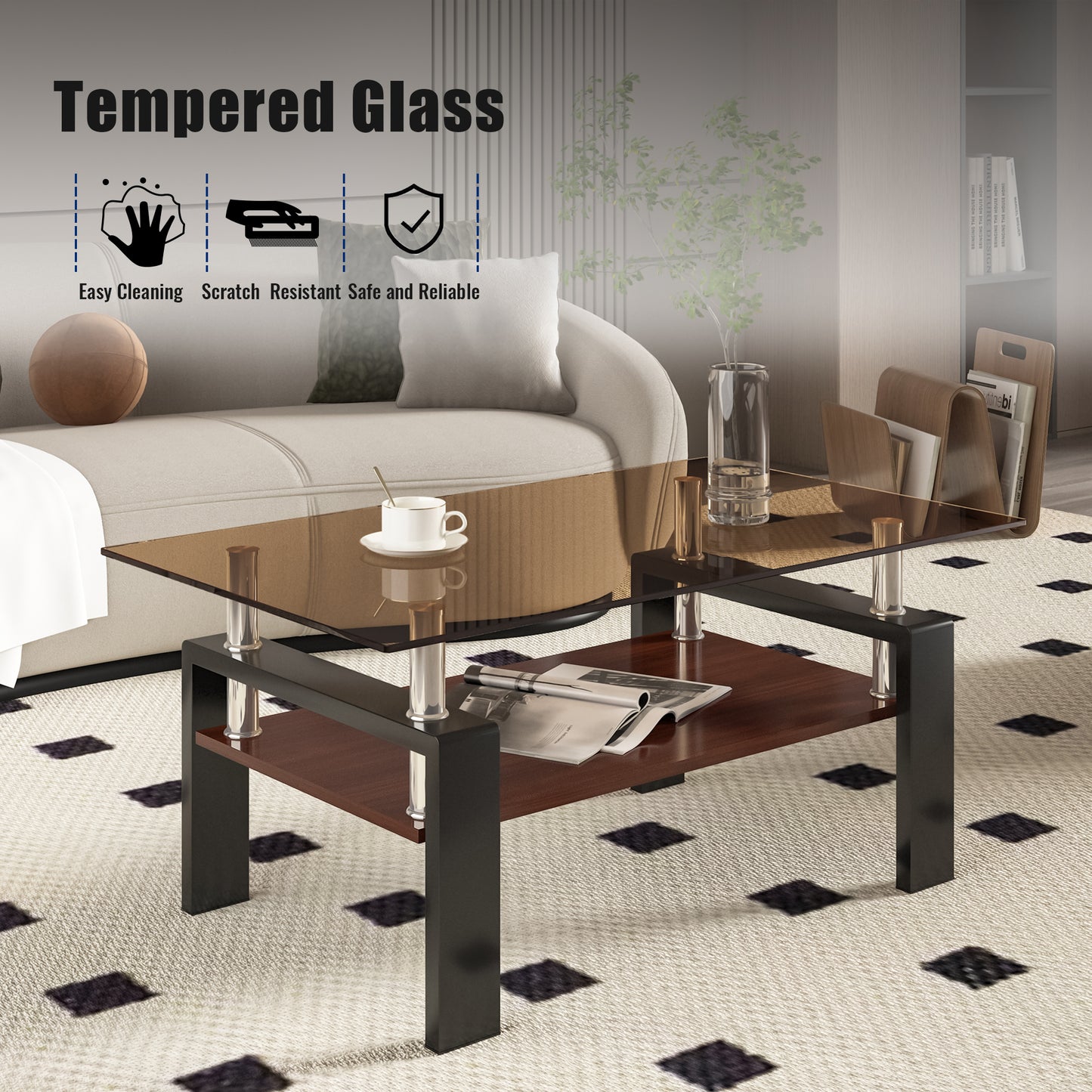 Rectangle Coffee Table, Tempered Glass Tabletop With MDF Layer, Modern Table For Living Room , Brown Glass