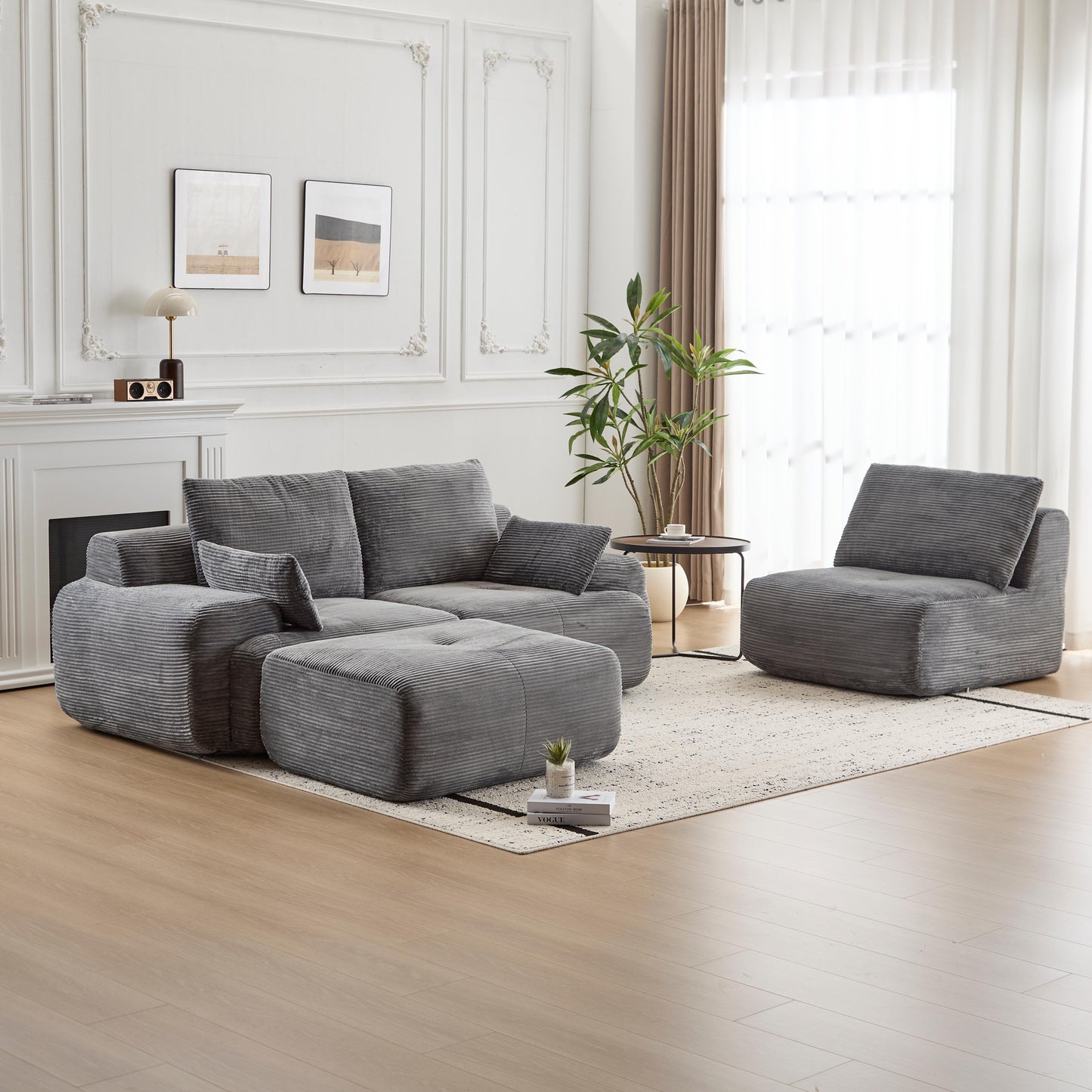 Modern Memory Foam Compressed Sofa,Large Sectional Couches For Living Room,Pet-Friendly Cloud Modular Sectional Sofa,Corduroy Fabric,Extra Deep Loveseat,No Assembly Required,GREY