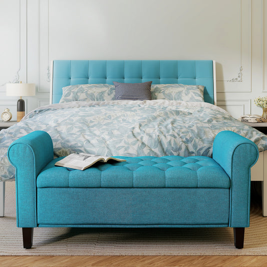50 Inches Storage Ottoman, End of Bed Bench with Rolled Arms, Wood Legs, Button Tufted Storage Bench, Teal