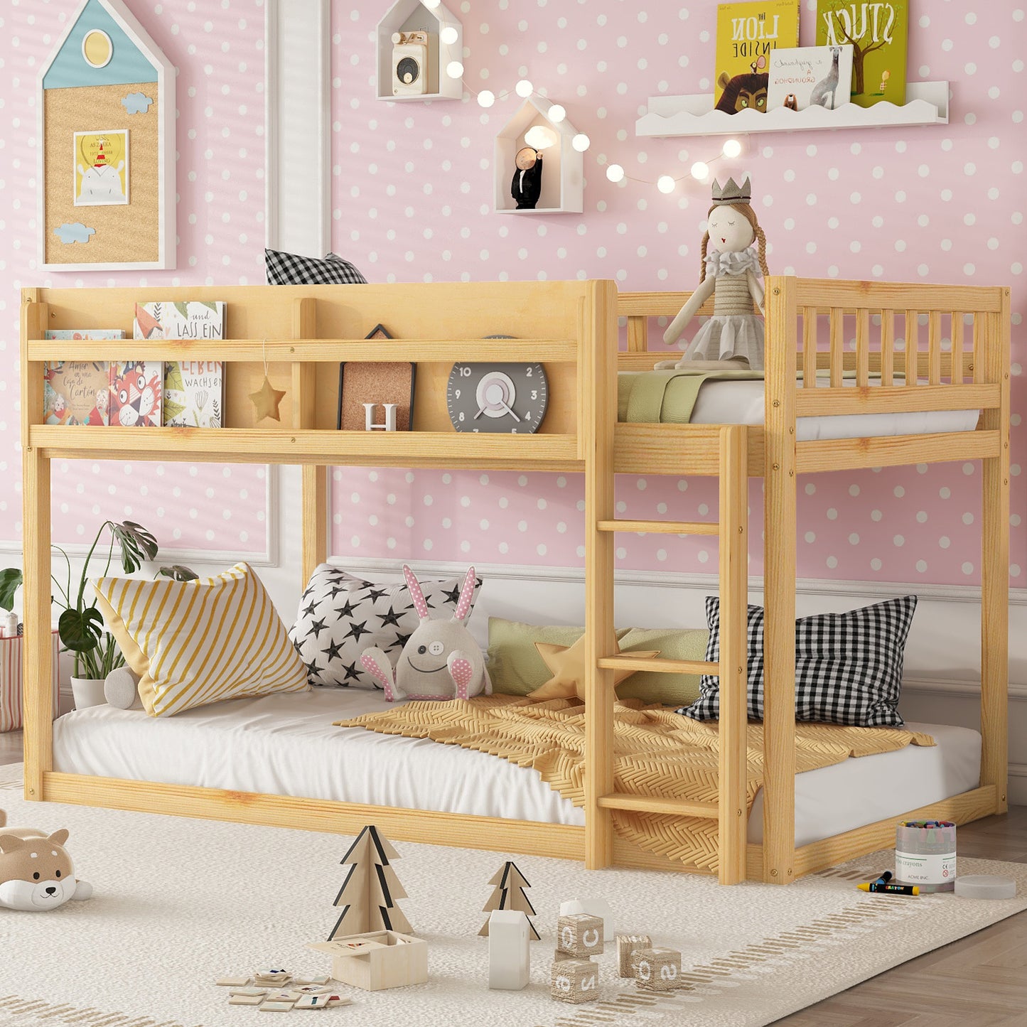 Low Twin Over Twin Bunk Bed, Floor Bunk Bed With Ladder, Solid Wood Twin Bunk Bed For Kids & Juniors, NaturalExpect Arrival Date 2025 11 25