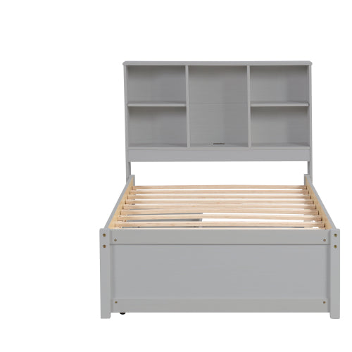 Modern Twin Size Bed Frame With Built-in USB Port On Bookcase Headboard And 2 Drawers For Grey Color