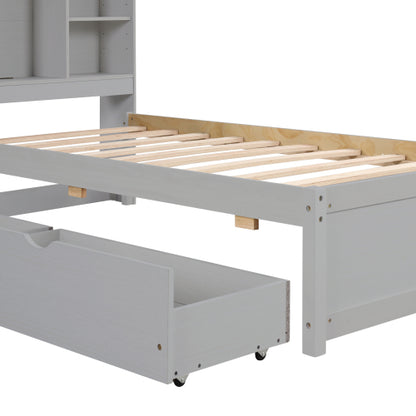 Modern Twin Size Bed Frame With Built-in USB Port On Bookcase Headboard And 2 Drawers For Grey Color