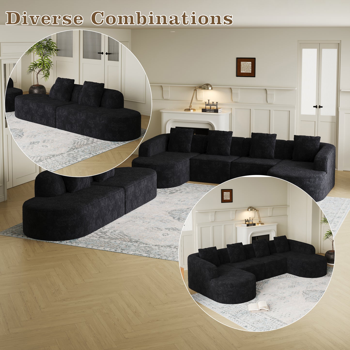 111.8-inch L-shaped Curved Modular Sofa, Modern Design Featuring Lychee-textured Long-pile Polyester Fabric, Curved Backrest With Three Pillows
