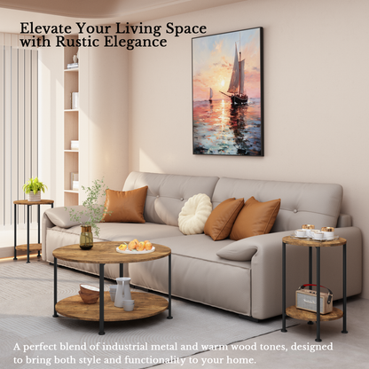 3-Piece Coffee Table And End Table Sets For Living Room, Round Coffee And End Table Set Of 3 With Large Storage, Modern Farmhouse Furniture For Apartment Home Rustic Brown