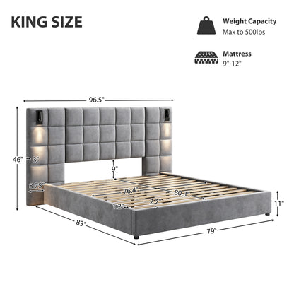 King Size Upholstered Bed Frame,With Wall Sconce And USB Port, Wide Headboard, Velvet, Gray