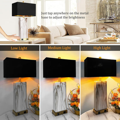 Touch Control Table Lamps Set Of 2, Modern Contemporary Bedside Lamp With 2 USB Ports 1 AC Outlet, 3-Way Dimmable Nightstand Lamp Faux Marble Gold Black Rectangular Shade For Living Room Bedroom