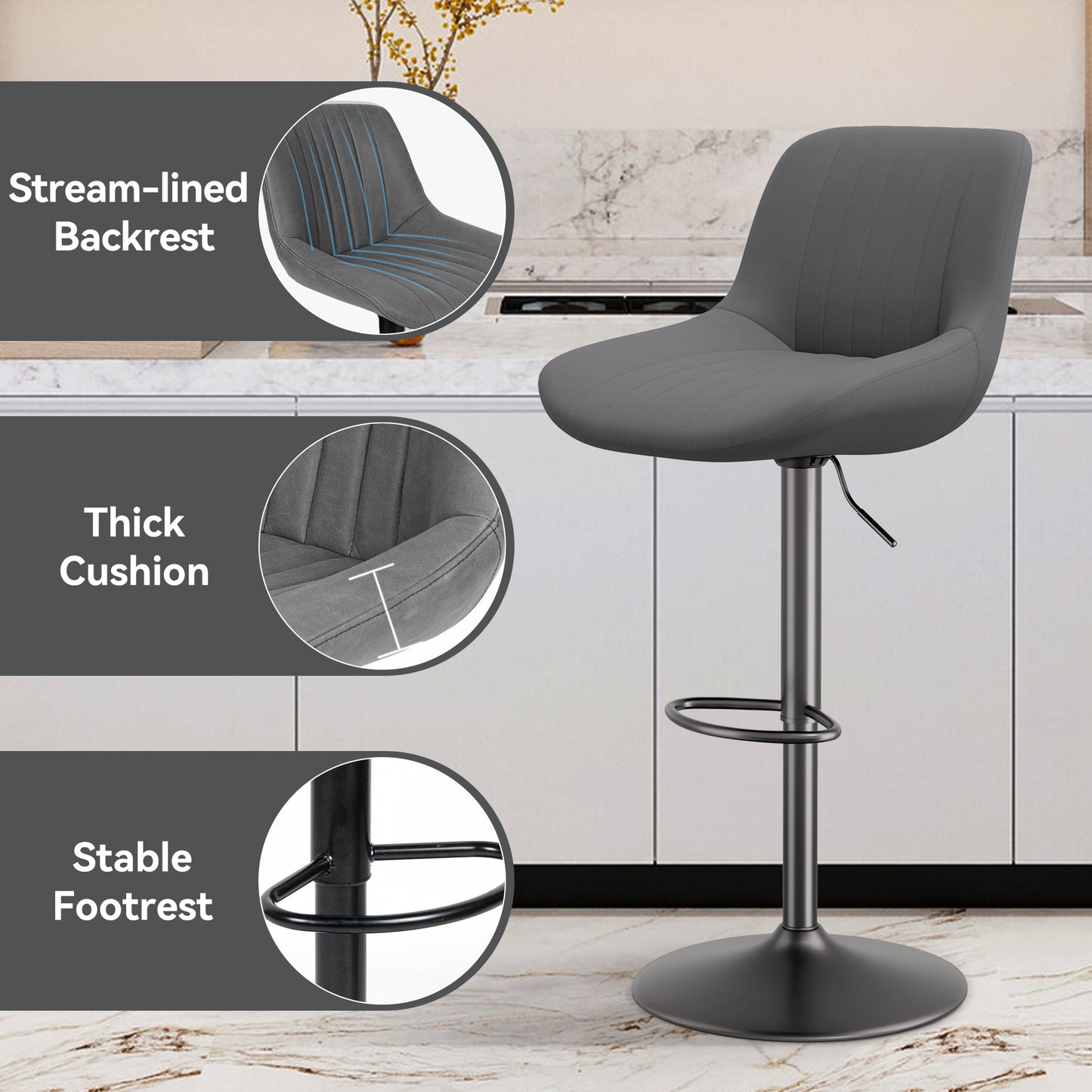 Bar Stools, Adjustable Modern Swivel Bar Stools With Backs, Counter Height Performance Fabric Island Chairs For Home Kitchen