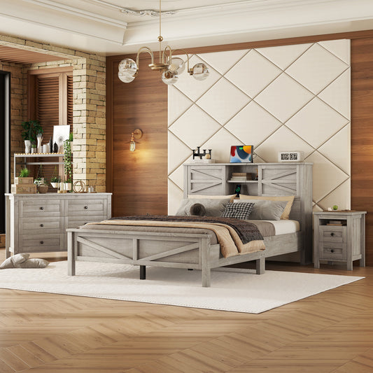 3-Pieces Bedroom Sets Queen Size Farmhouse Platform Bed With Double Sliding Door Storage Headboard And Charging Station, Storage Nightstand And Dresser, Antique Gray