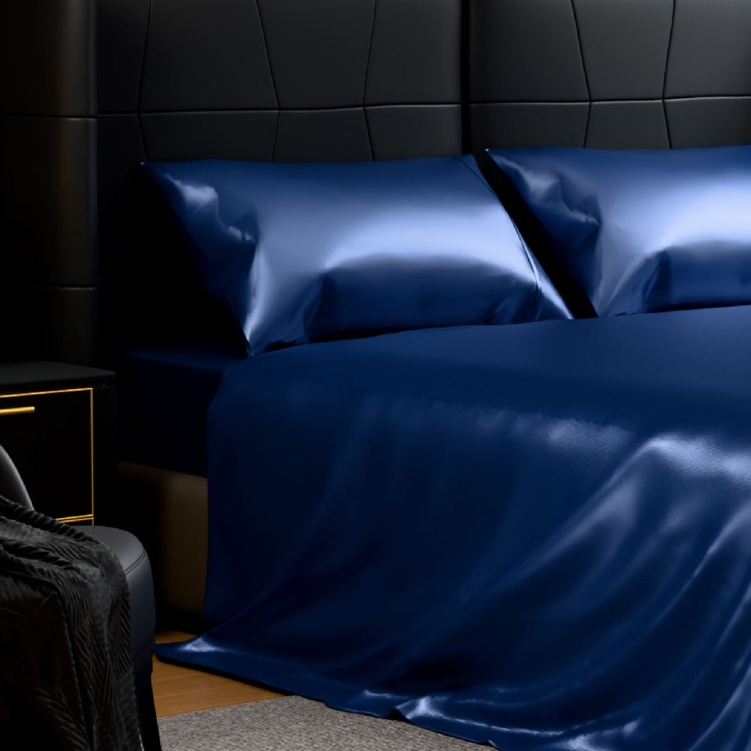 Satin Bed Sheets, Full Size Sheets Set, 4 Pcs Silky Bedding Set With 15 Inches Deep Pocket For Mattress -Full, Navy Blue