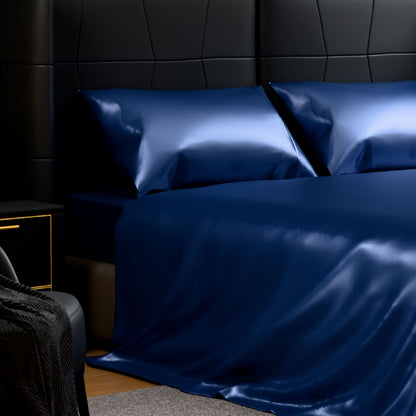 Satin Bed Sheets, Full Size Sheets Set, 4 Pcs Silky Bedding Set With 15 Inches Deep Pocket For Mattress -Full, Navy Blue