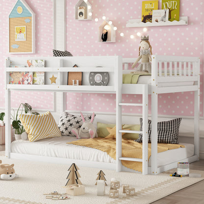 Low Twin Over Twin Bunk Bed, Floor Bunk Bed With Ladder, Solid Wood Twin Bunk Bed For Kids & Juniors, WhiteExpect Arrival Date 2025 11 25