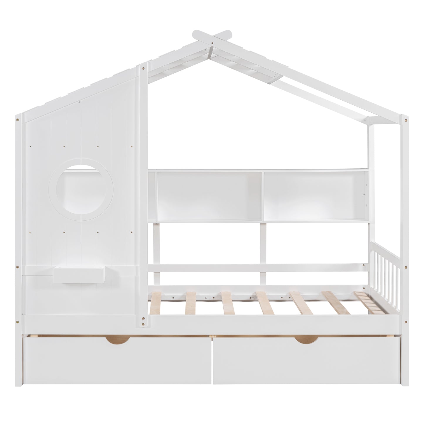 Wooden Twin Size House Bed With 2 Drawers,Kids Bed With Storage Shelf, White