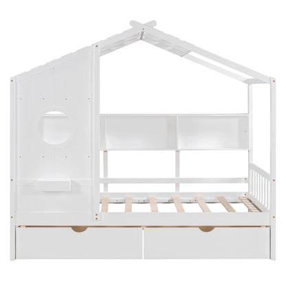 Wooden Twin Size House Bed With 2 Drawers,Kids Bed With Storage Shelf, White