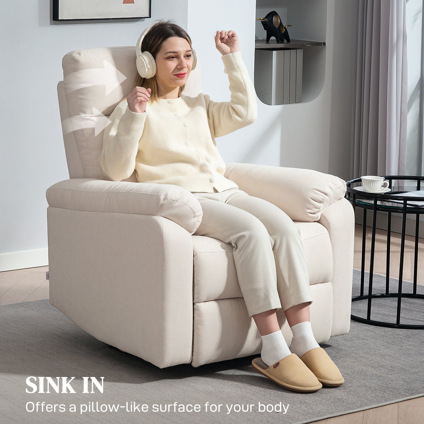 Recliner Chair, Wide Swivel Rocker Chair, Overstuffed Single Sofa with Pocket Spring, Footrest, Quick Assembly, Cream