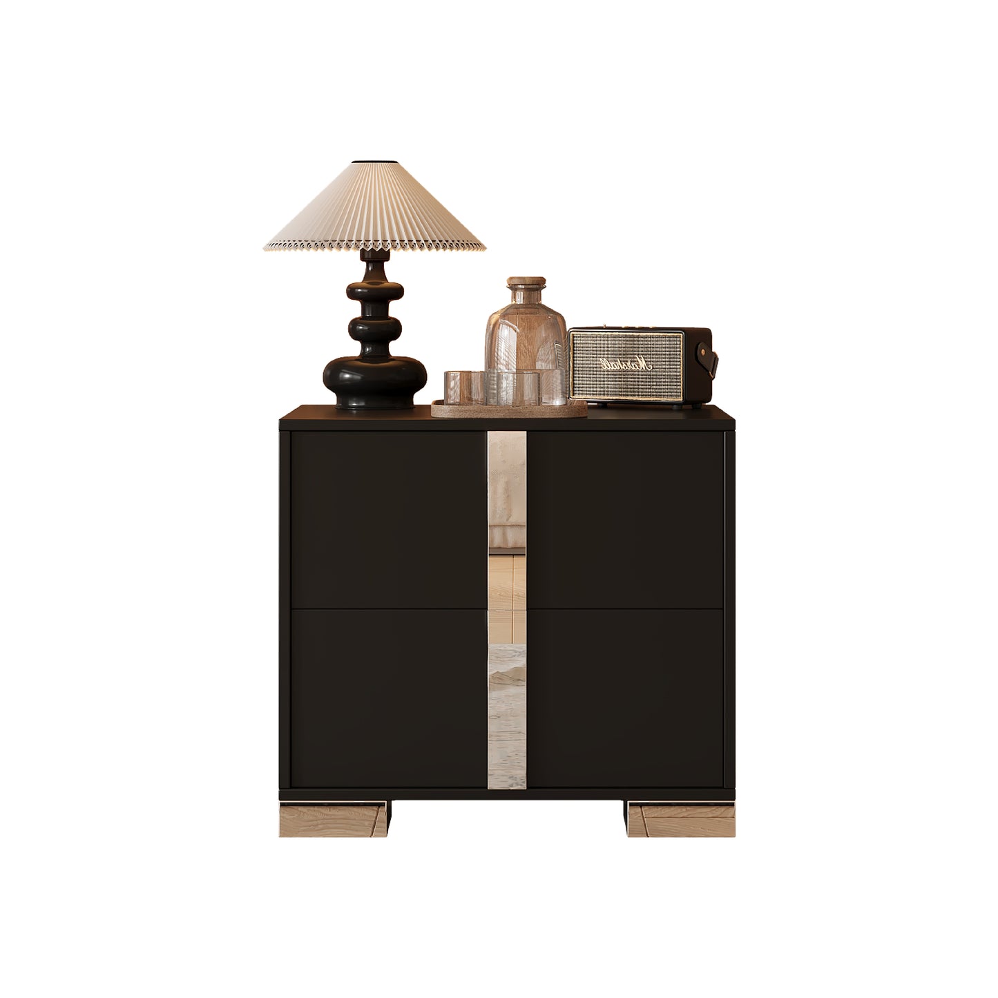 Elegant Nightstand With Metal Foot, Mirrored Bedside Table With 2 Drawers For Bedroom, Living Room, Black