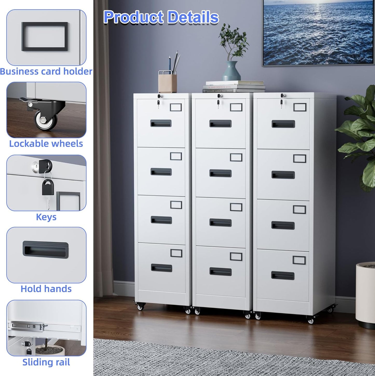 METAN 4 Drawer Vertical File Cabinet On Wheels, Lockable Office Files Storage Cabinet With Handle And Name Card,Mobile Storage Cabinet For Office And Home,Assembly Required,White