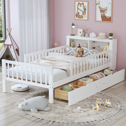 Twin Size Bed With Headboard Storage Rack, Two Under-Bed Drawers, Three-Side Guardrails For Safety And Security,White