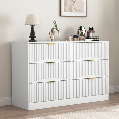 Modern 6-Drawer Dresser, Chest Of Drawers For Bedroom, Living Room, Hallway, And Entryway - Large Storage Cabinet, White,Drawer Panel With Wavy Patterns