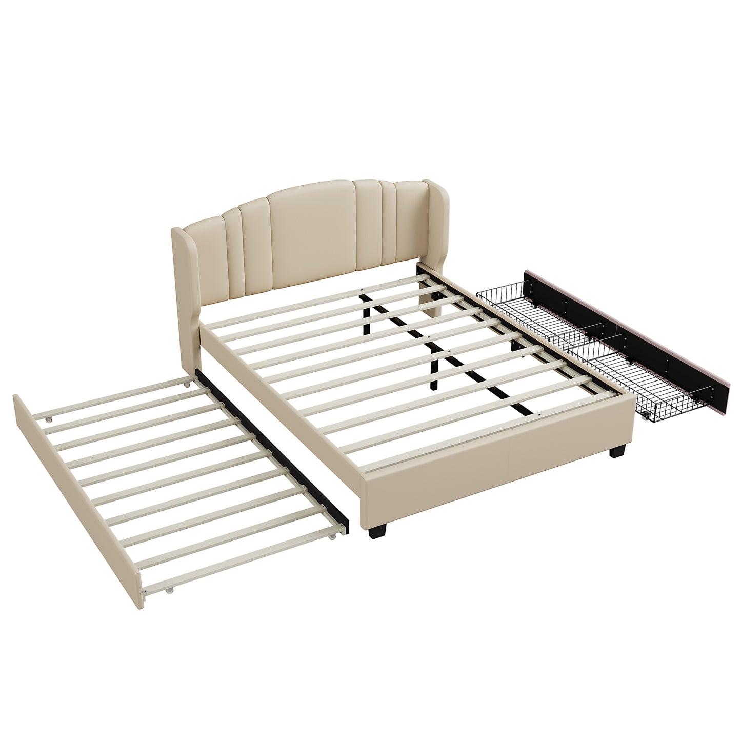 Upholstered Platform Bed With Wingback Headboard, One Twin Trundle And 2 Drawers, No Box Spring Needed, Linen Fabric, Queen Size, Beige