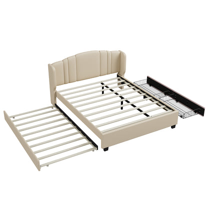 Upholstered Platform Bed With Wingback Headboard, One Twin Trundle And 2 Drawers, No Box Spring Needed, Linen Fabric, Queen Size, Beige