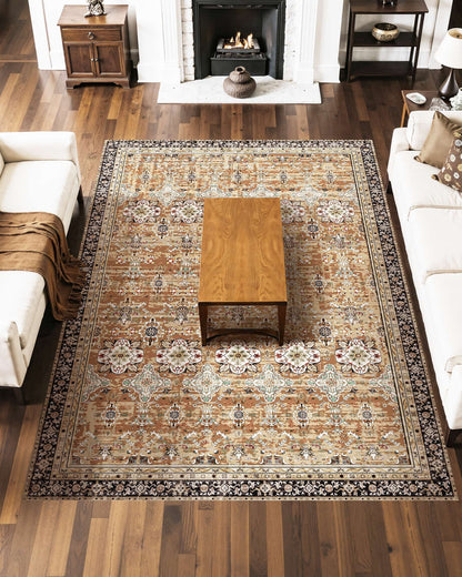 Area Rug, 7.5 X 9.5 Ft Large Washable Rug, Non-Slip And Tear-Resistant Soft Carpet, Pet & Child Friendly Vintage Area Rugs, Indoor Mat For Bedroom, Living Room, Office, Entryway, Brown Green