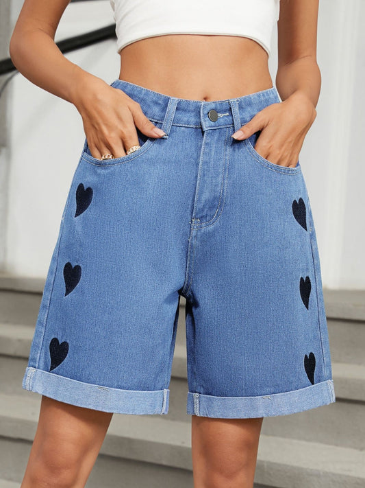 Heart-Pattern Rolled Hem Denim Shorts