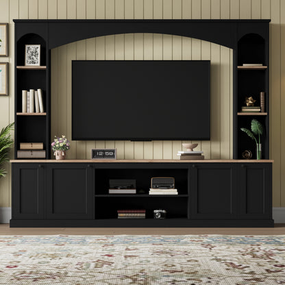 Elegant Arched Entertainment Center Wall Unit With Bookshelf, Farmhouse TV Stand With Wood Grain For TVs Up To 70, 91inch Media Console With Adjustable Shelves For Living Room, Black
