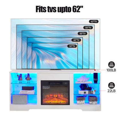TV Stand Electric Fireplace TV Stand With Glass Shelves, 3D Fireplace TV Stand With LED Lights Wood With USB Charging Outlet Modern Television Table Center For TV Up To 32-62 White 58 W 15.4Dx24.4