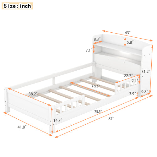Wood Twin Size Platform Bed With Built-in LED Light, Storage Headboard And Guardrail, White