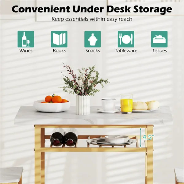 3-Piece Dining Table Set (White + Gold), Space-Saving Tuck-under Chair Design