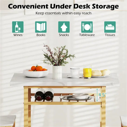 3-Piece Dining Table Set (White + Gold), Space-Saving Tuck-under Chair Design