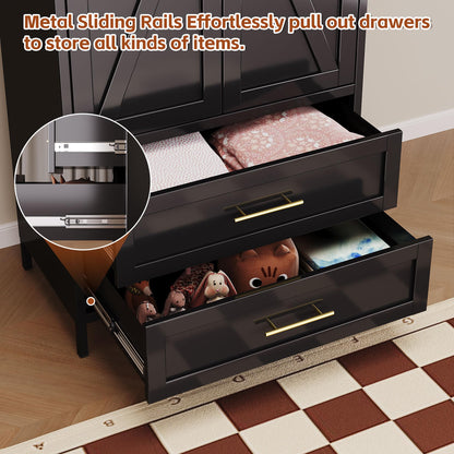 METAN Metal Wardrobe Closet With Doors,Armoire Wardrobe Closet With 2 Drawers For Bedroom,Assembly Required,Black