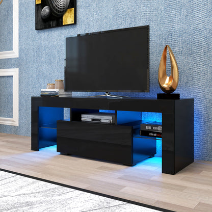 Black TV Stand With LED RGB Lights,Flat Screen TV Cabinet, Gaming Consoles - In Lounge Room, Living Room And Bedroom Black