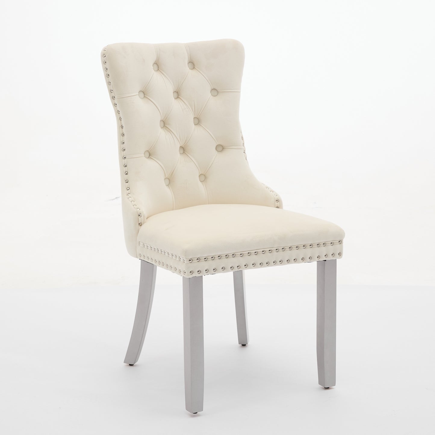 A&A Furniture, Nikki  Modern, High-end Tufted Solid Wood Contemporary Velvet Upholstered Dining Chair With Wood Legs Nailhead Trim 2-Pcs Set, Milky White