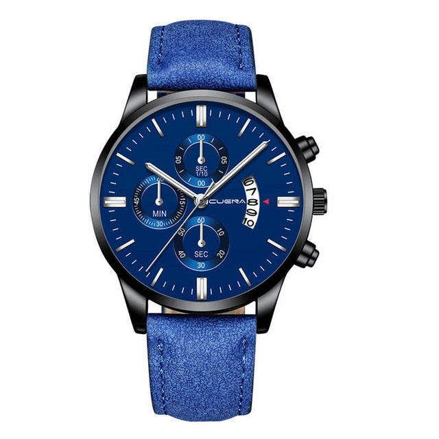 CUENA Fashion Men's Stainless Steel Watch Leather Band Analog Quartz Wrist Watch