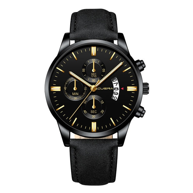 CUENA Fashion Men's Stainless Steel Watch Leather Band Analog Quartz Wrist Watch