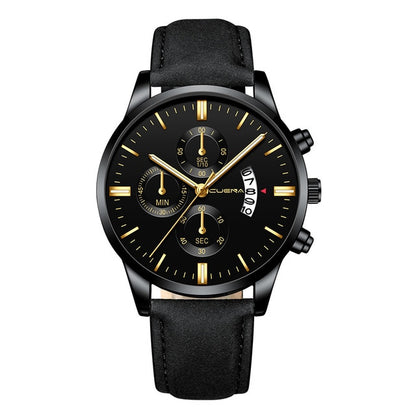 CUENA Fashion Men's Stainless Steel Watch Leather Band Analog Quartz Wrist Watch