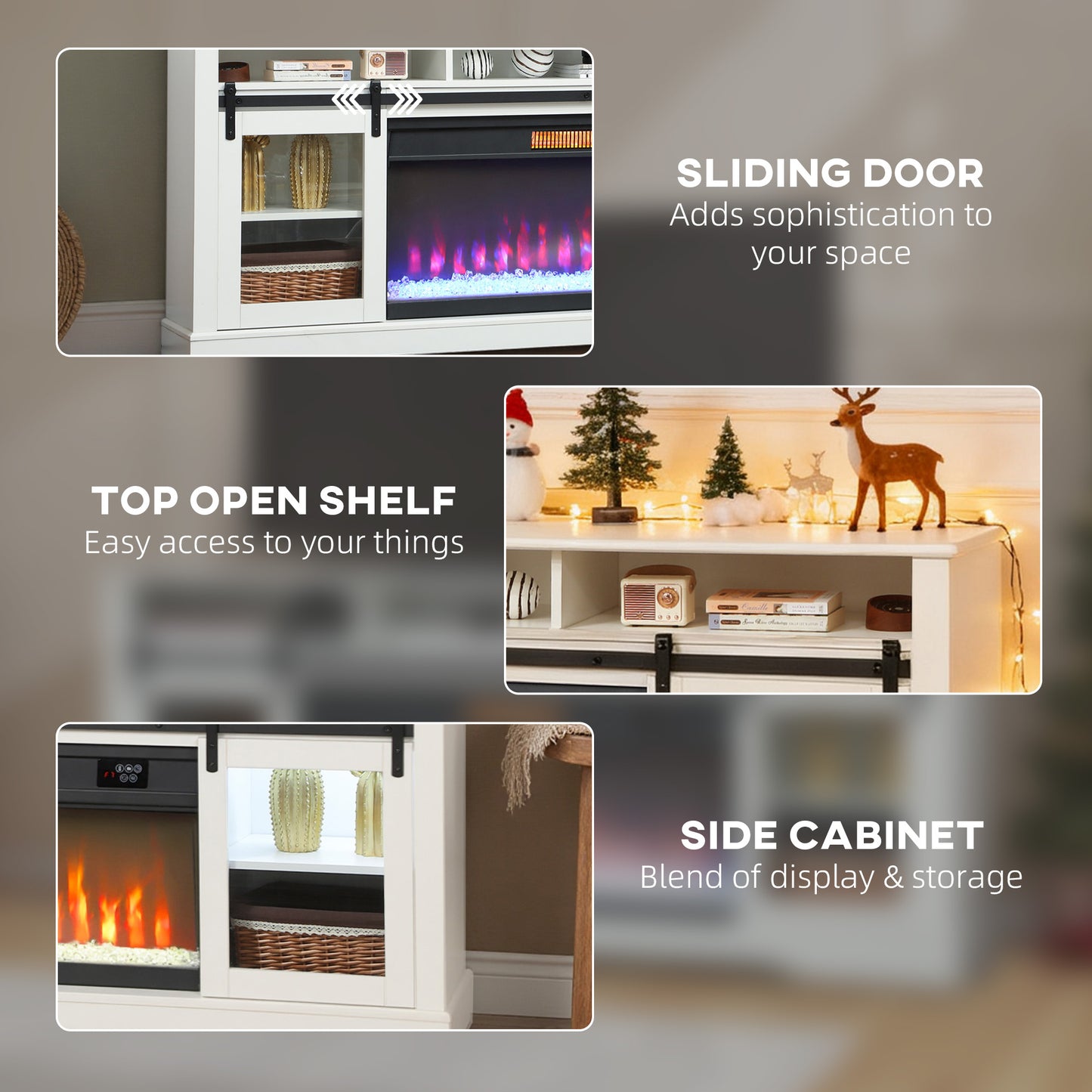 Fireplace TV Stand for TVs Up to 80 Inch, TV Console with Electric Fireplace, Open Storage and Side Cabinets, White
