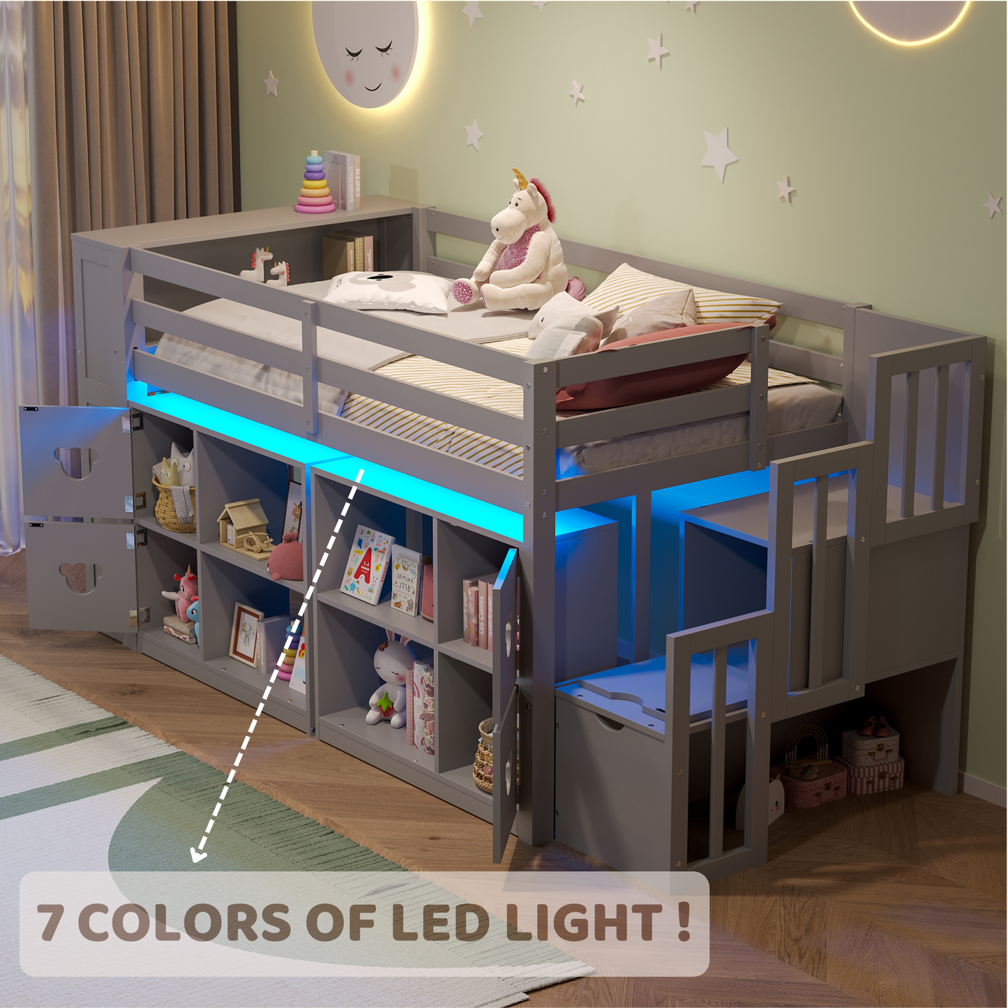 TWIN SIZE LOW LOFT BED WITH SHELVES, STORAGE HEADBOARD, AND STAIR OF GREY COLOR