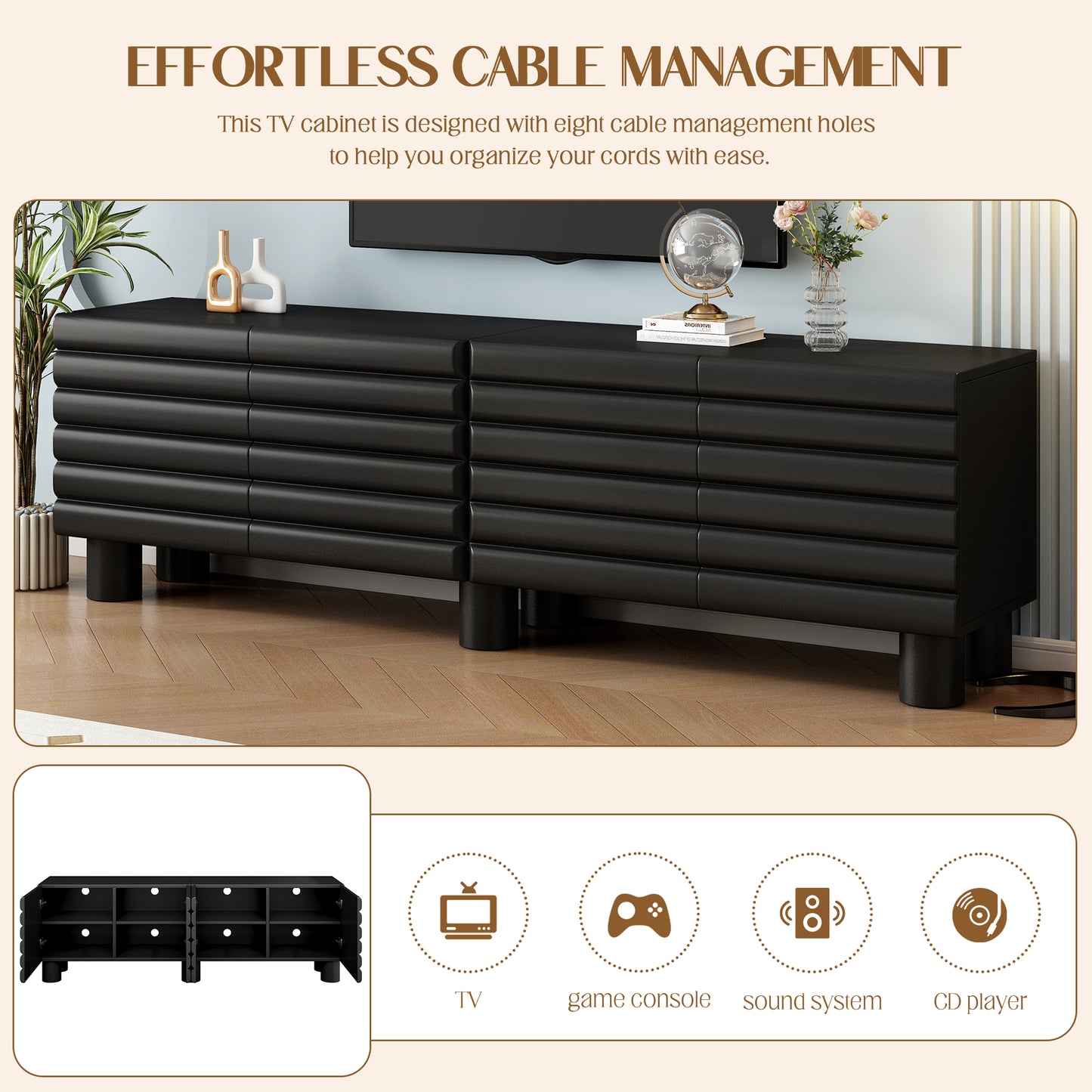 Stylish Thick Wavy Door TV Cabinet With Adjustable Shelves, Cream Style TV Stand With 4 Cabinets For TVs Up To 75 Solid Media Console With Cylindrical Legs And Cable Holes For Living Room, Black