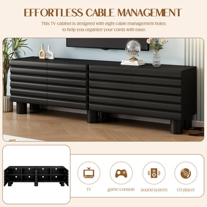 Stylish Thick Wavy Door TV Cabinet With Adjustable Shelves, Cream Style TV Stand With 4 Cabinets For TVs Up To 75 Solid Media Console With Cylindrical Legs And Cable Holes For Living Room, Black