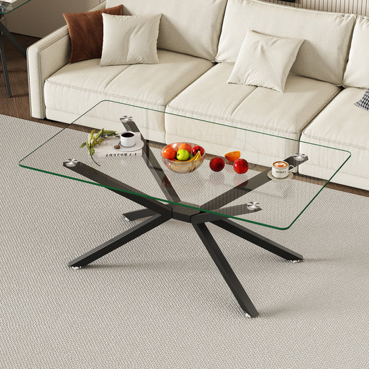 39.37  Rectangular Clear Tempered Glass Coffee Table,Stylish Design With Black Metal Legs, Coffee Table For Living Room