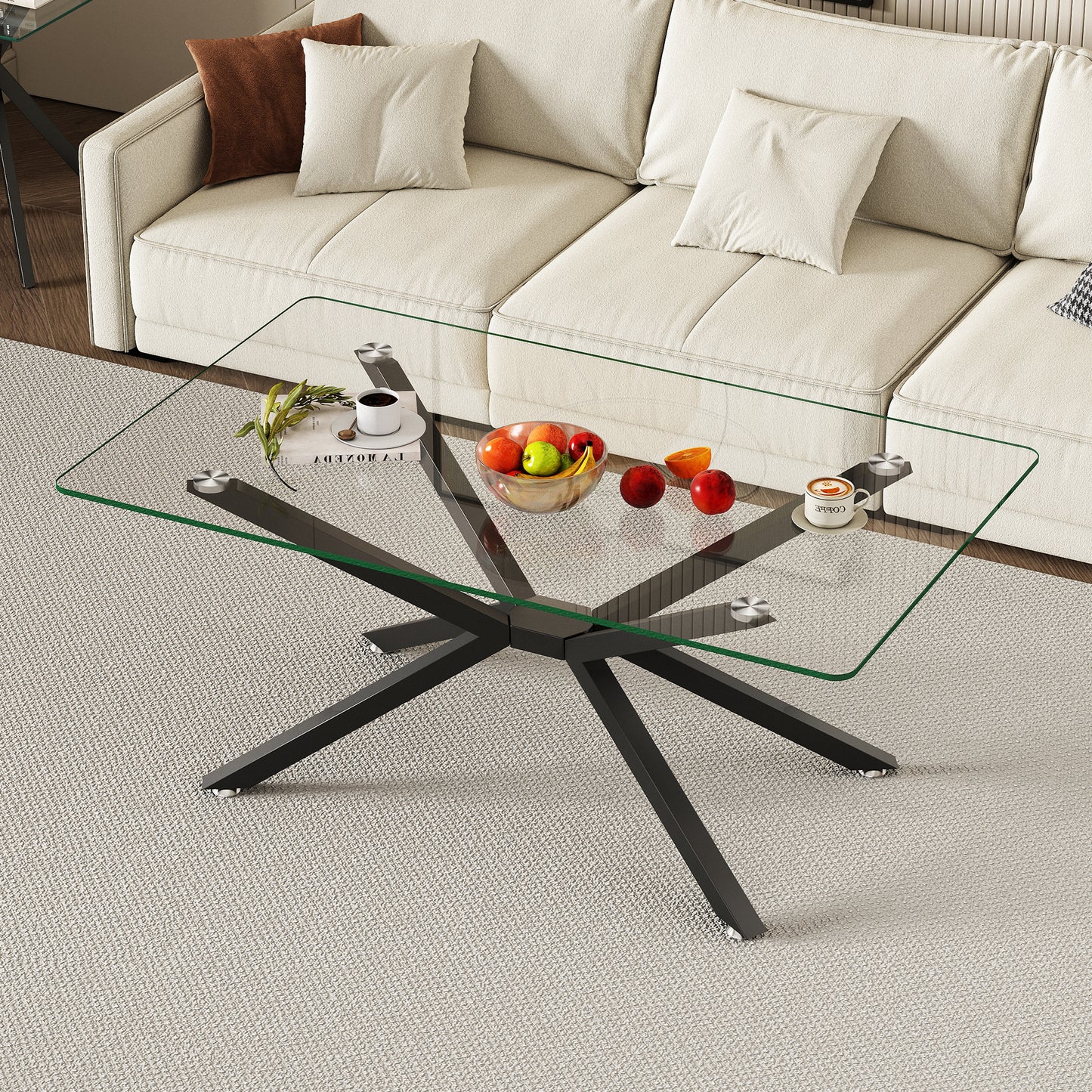 39.37  Rectangular Clear Tempered Glass Coffee Table,Stylish Design With Black Metal Legs, Coffee Table For Living Room