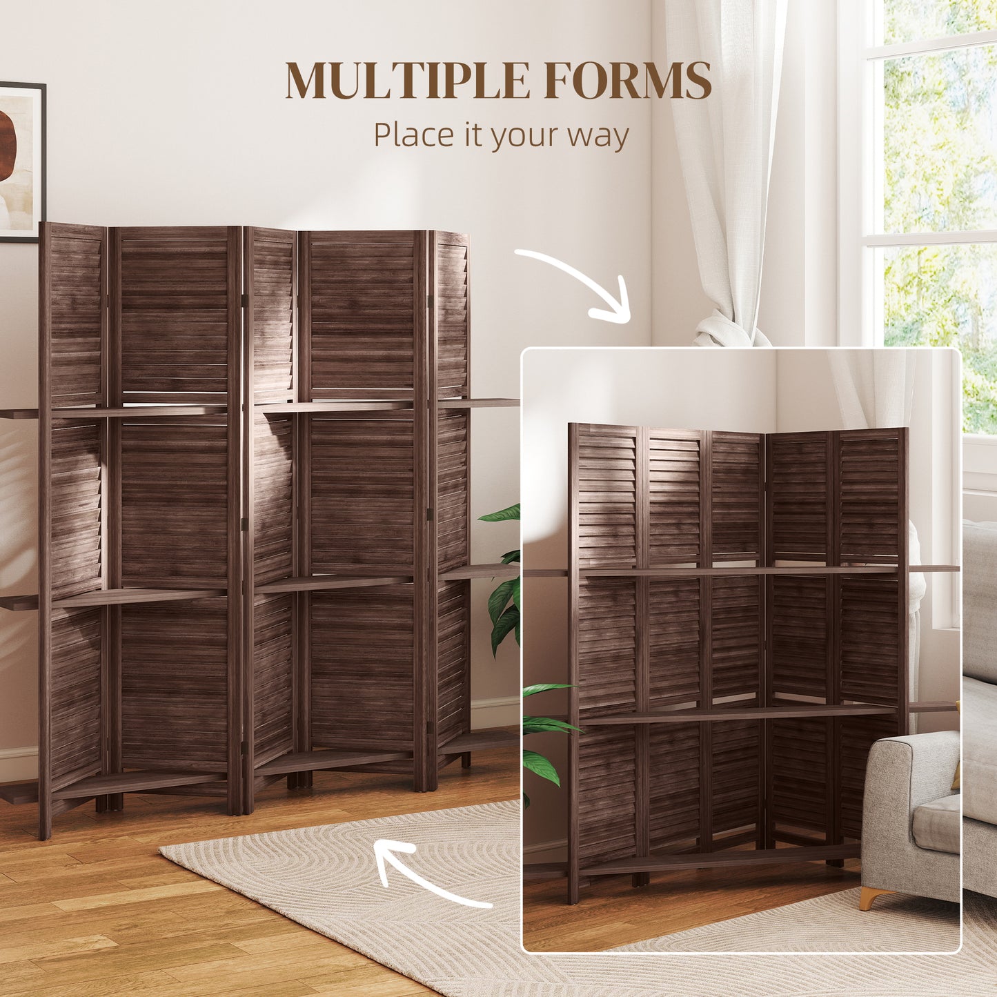 5 Panel 67" Tall Wood Privacy Screen Room Divider with 3 Shelves and Folding Storage for Bedroom, Walnut