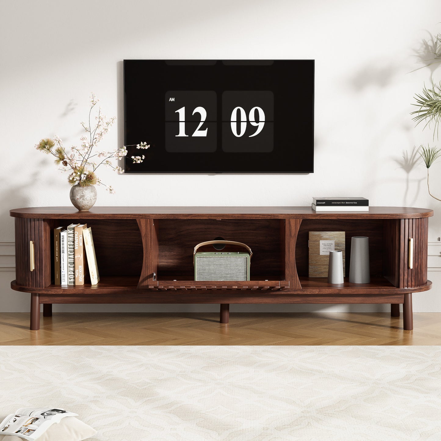 Modern Farmhouse TV Stand For 75 TVs, Wood Entertainment Center With Storage Cabinet, TV Console Table For Living Room, Bedroom