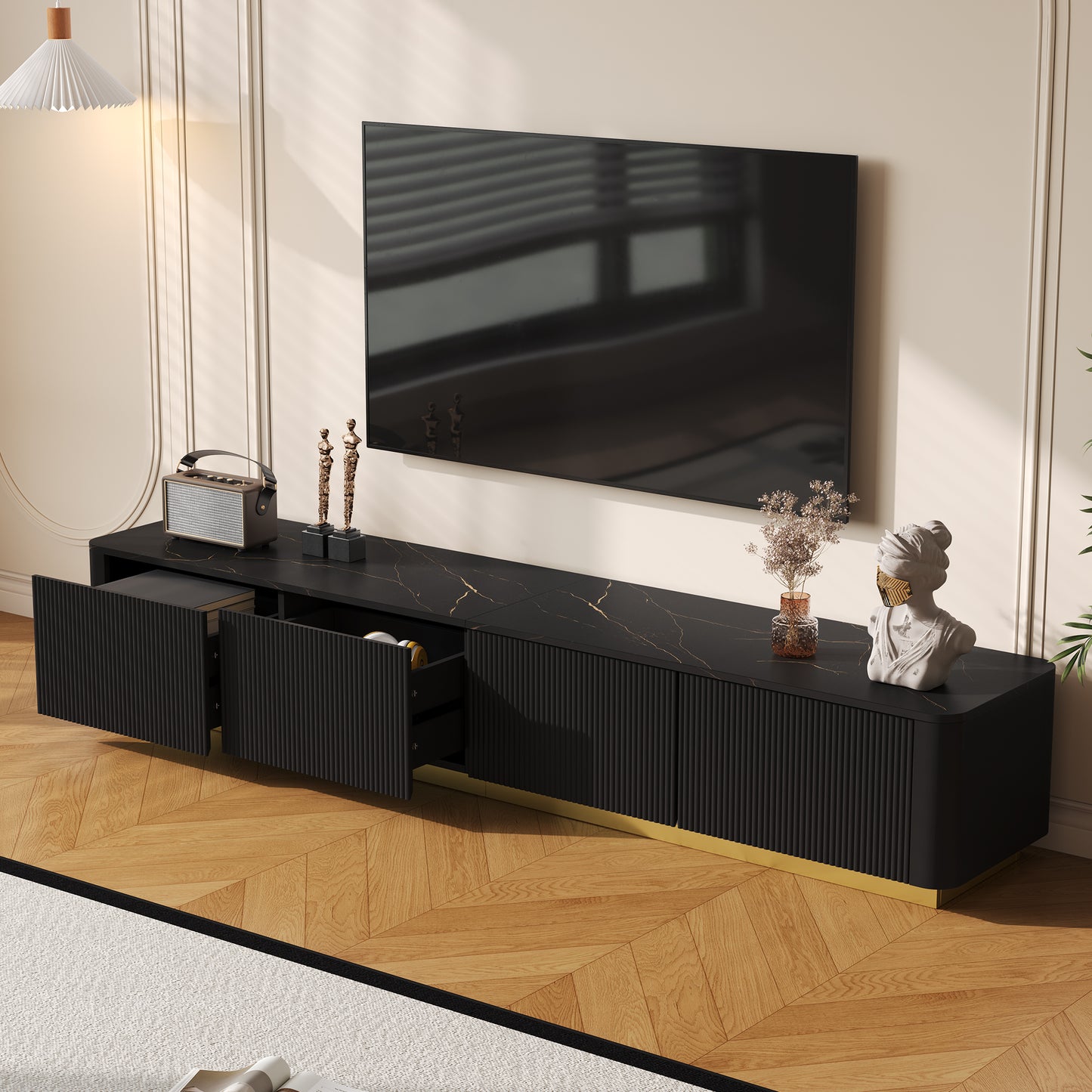 ON-TREND Luxury Fluted TV Stand For TVs Up To 85, Faux Marble Tabletop Media Console With 4 Drawers, Curved Profile Design, Modern Entertainment Center With Gold Base For Living Room, Black